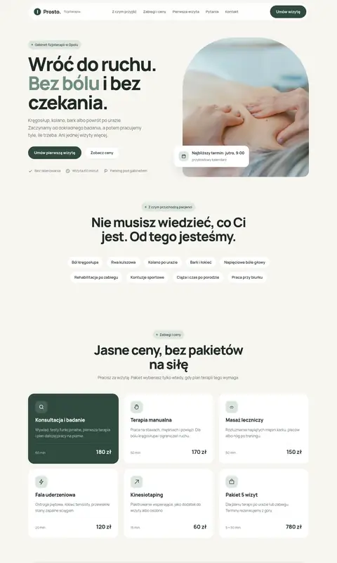 Przykład darmowego projektu: pierwszy ekran strony Prosto. Fizjoterapia